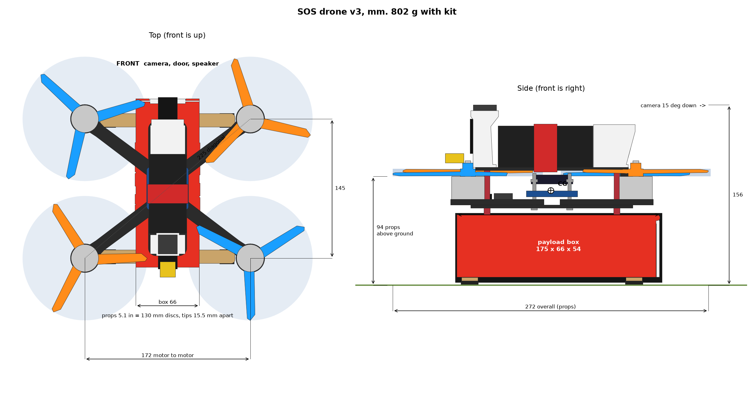 Dimensioned top and side drawing: motors 172 by 145 mm, overall 272 by 264 by 156 mm, box 175 by 66 by 54 mm, props 94 mm above the ground