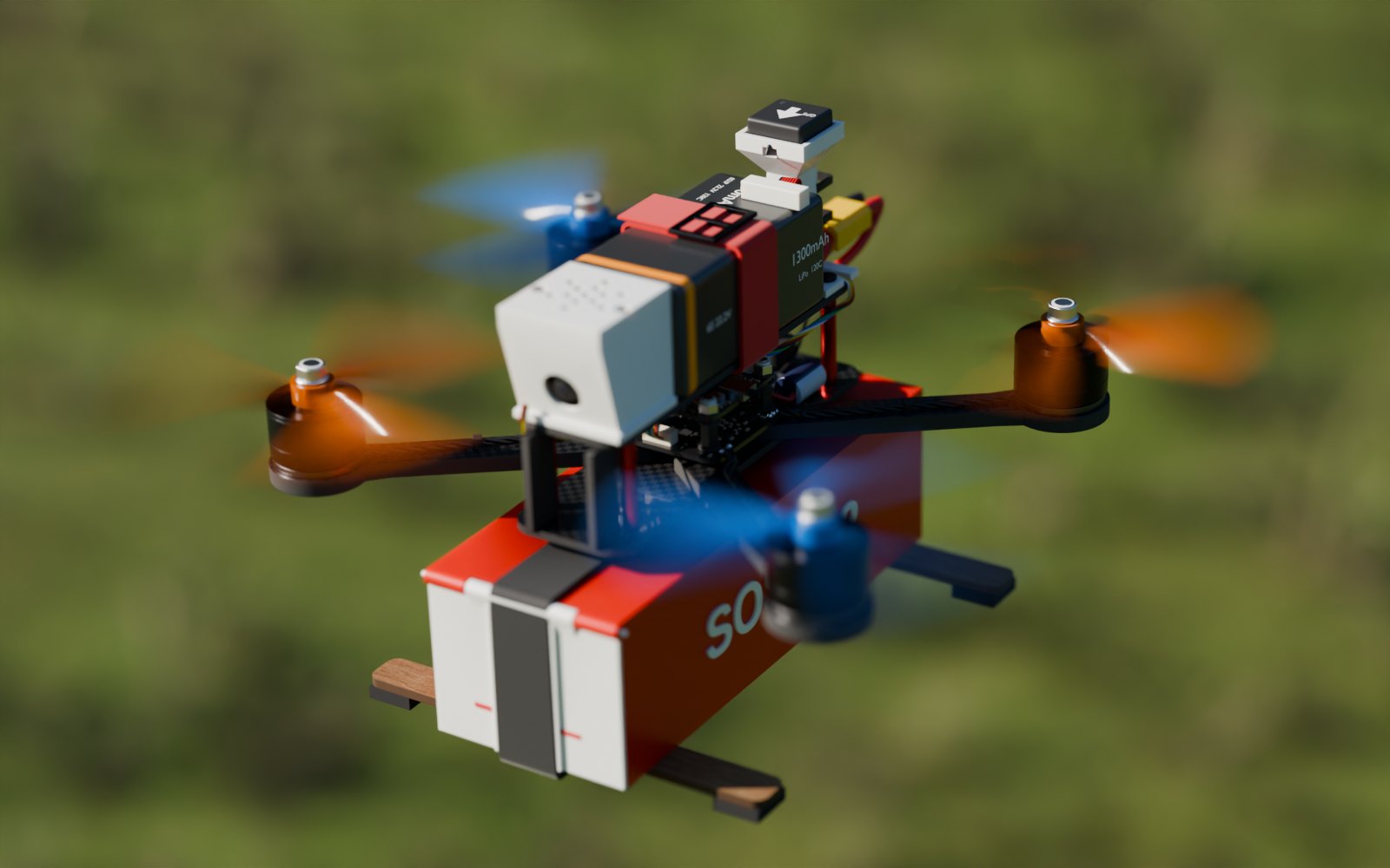 Rendered drone hovering over a meadow, props blurred, red payload box under the carbon frame