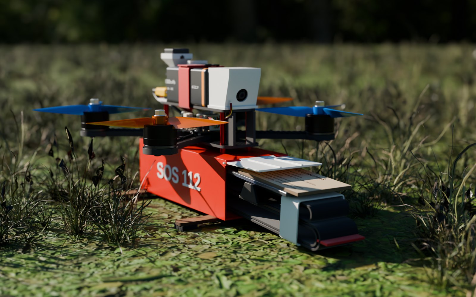 Rendered drone landed in grass with the box door swung up and the tourniquet kit sliding out