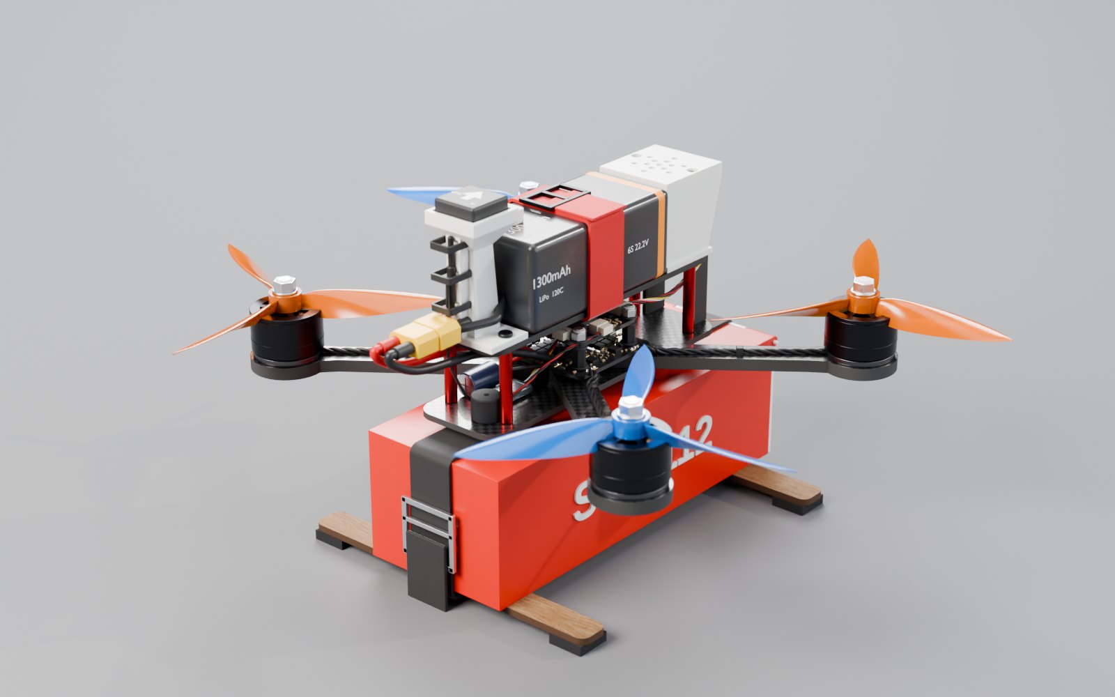 Studio render from the rear right: GPS mast with the ELRS antenna zip tied on its back, XT60 plug, box strap buckle