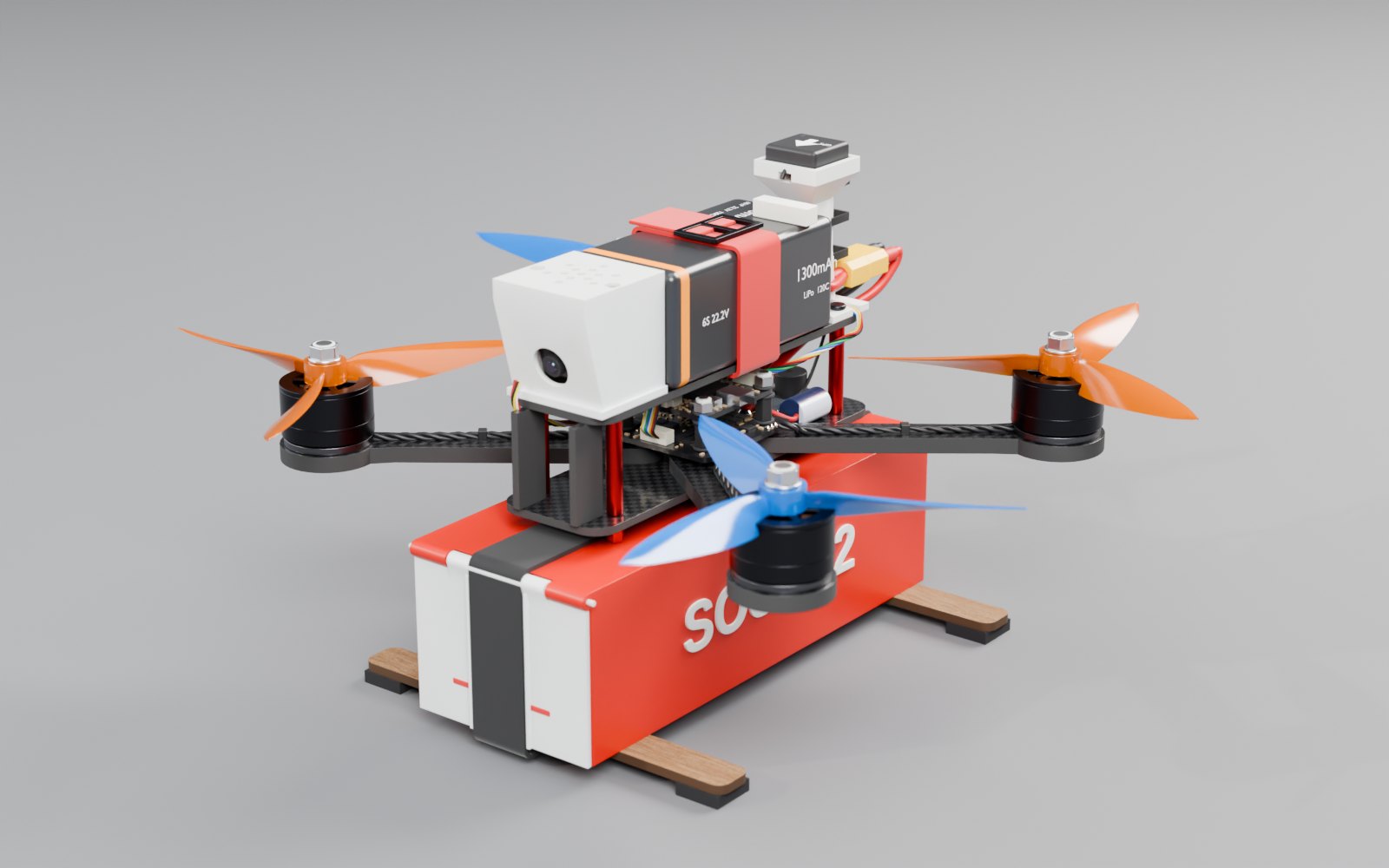 Studio render from the front left: white head pod with camera lens, battery with strap, red box with white SOS 112 letters